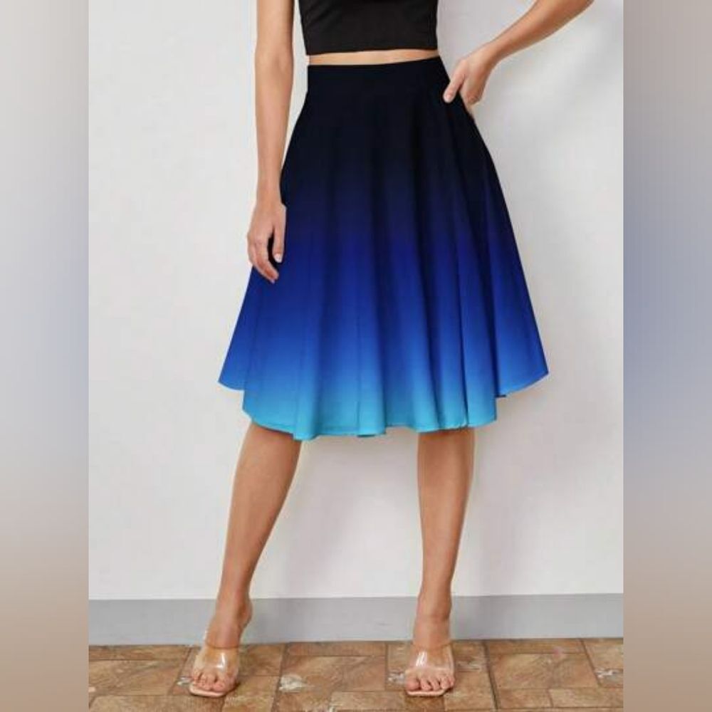 Ombre Skirt Twirly A-Line Skater Circle Blue Black Knee Length Retro Pinup Small